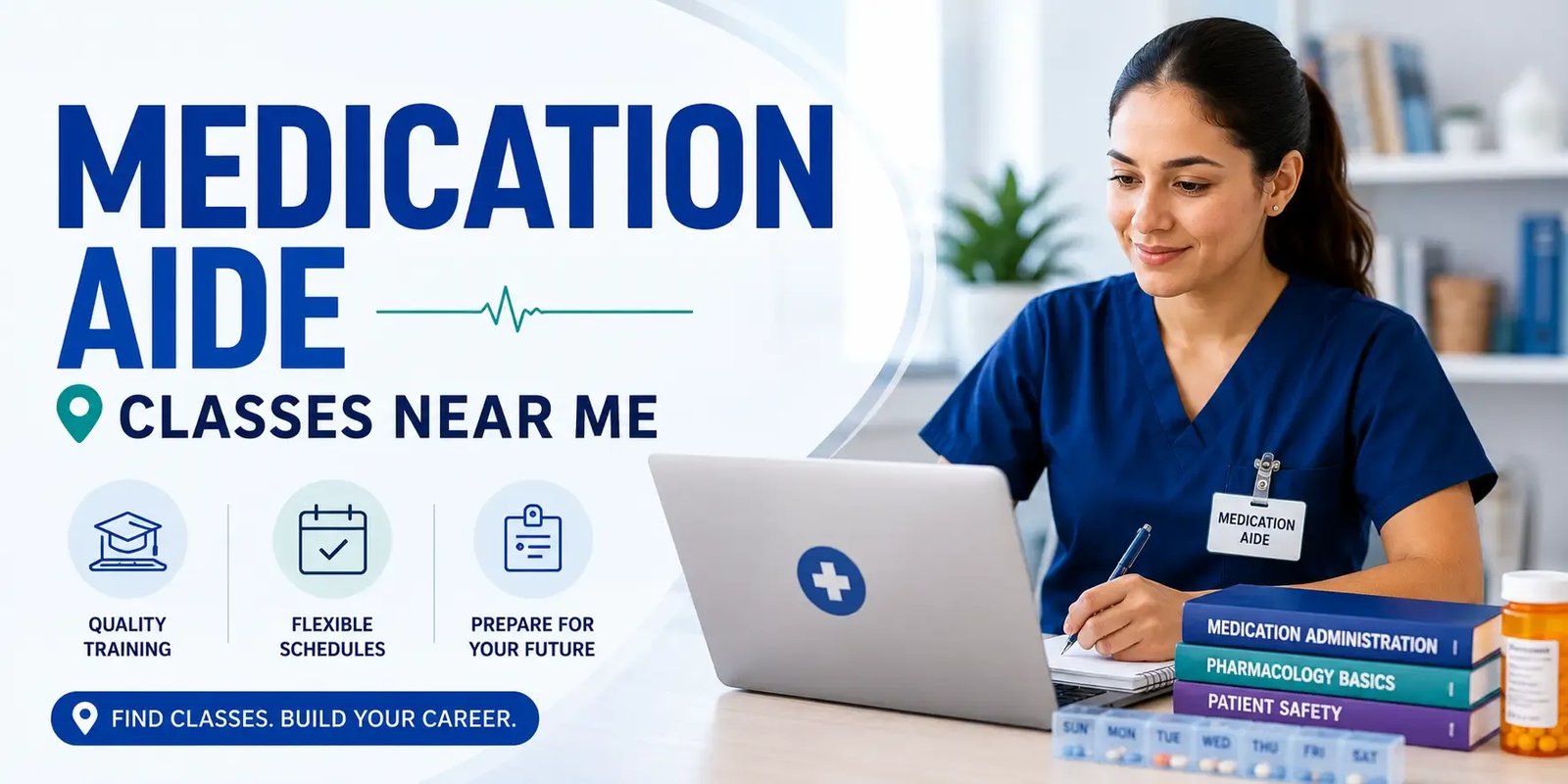 Healthcare worker in scrubs studying on a laptop beside bold text reading “Medication Aide Classes Near Me,” with icons for quality training, flexible schedules, and career preparation.